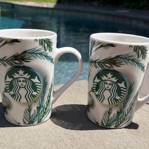 Starbucks Set Of 2 Holiday 2020 Ceramic Mugs Pine Branches With Lights EUC
